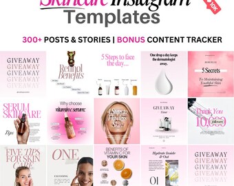 May include: A collection of pink and white Skincare Instagram Templates with the text "Skincare Instagram Templates" and "300+ POSTS & STORIES | BONUS CONTENT TRACKER". The templates include graphics and text about skincare.