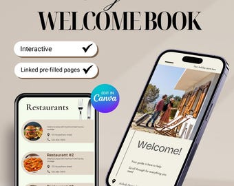 Modello di libro di benvenuto digitale Airbnb, libro degli ospiti interattivo Airbnb, modello Canva modificabile per host, modelli di case vacanze per dispositivi mobili