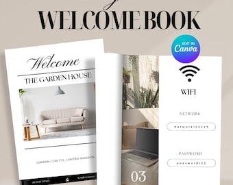 Digital airbnb welcome book template, Modern airbnb welcome guide book, canva printable guidebook, vacation rental guide for airbnb vrbo