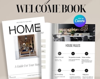 Digital airbnb welcome book template, Modern airbnb welcome guide book, canva printable guidebook, vacation rental guide for airbnb vrbo