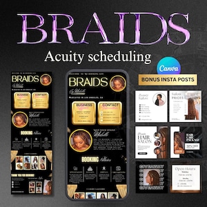 Acuity braids Scheduling Template Gold and Black, Braids Black Acuity Scheduling Canva Template, Schedule Hair Acuity Website Braids Black