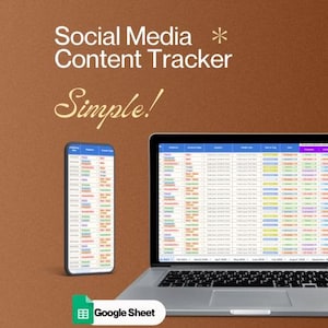May include: A laptop and smartphone show a social media content tracker spreadsheet. The text "Social Media Content Tracker" and "Simple!" are displayed on a brown background. A Google Sheet logo is also visible.