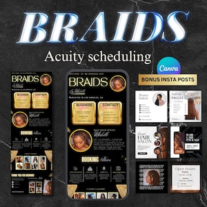 Acuity braids Scheduling Template Gold and Black, Braids Black Acuity Scheduling Canva Template, Schedule Hair Acuity Website Braids Black