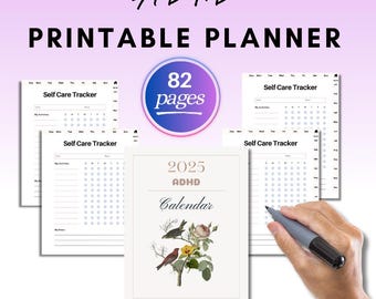 May include: Printable ADHD planner with a floral 2025 calendar, self-care trackers, and 82 pages. The design features a soft purple gradient background with the text "ADHD PRINTABLE PLANNER". A hand holds a pen near the calendar.