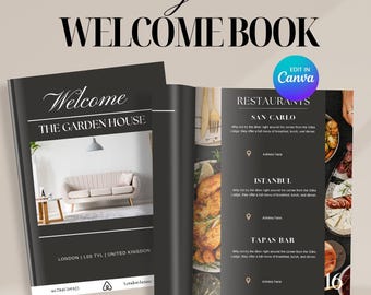 Digital airbnb welcome book template, Modern airbnb welcome guide book, canva printable guidebook, vacation rental guide for airbnb vrbo