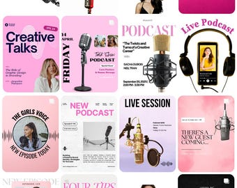 May include: A collection of pink and white podcast-themed graphics. The images feature microphones, text like "Creative Talks," "New Podcast," and "How to Make Money From Your Podcast?" with images of people.