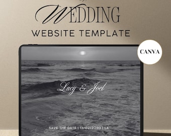 May include: A digital tablet displays a wedding website template with a black and white ocean photo. The text "Wedding Website Template" is above the tablet. The names "Lucy & Joel" and the date "13/02/2030" are also visible.