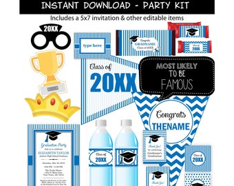 Graduation Party Kit, Blue Graduation decorations, Printable party kit for graduation - digital files, printable and editable