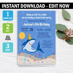 Shark Birthday Invitation, shark Invitation, Shark Party, fishing, Outdoor Party, Instant download, template, Printable, editable image 1