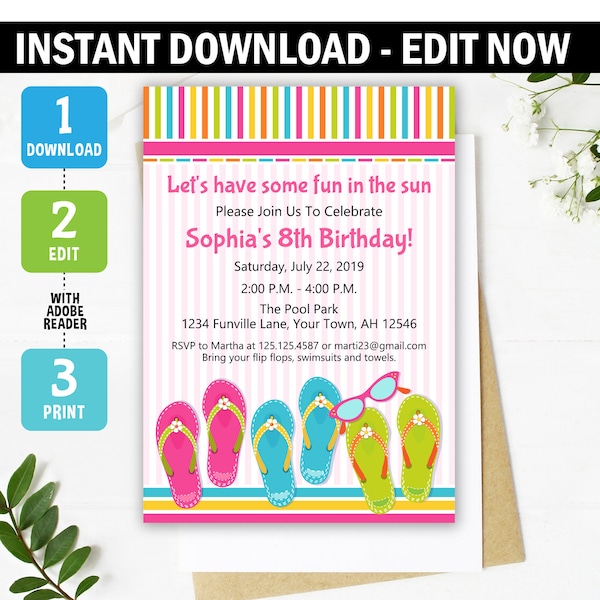 Summer Birthday Invitation, flip flop party, water party, summer party, pool party,flip flop, editable, digital, printable, template