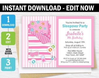 Sleepover Party Invite Birthday Editable Template - Etsy