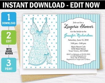 Lingerie Bridal Shower Invitation, Lingerie Party Invitation, Bridal Shower Invitation, teal, Lingerie, Printable, Editable, template