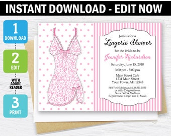 Lingerie Bridal Shower Invitation, Lingerie Party Invitation, Bridal Shower Invitation, pink, Lingerie, Printable, Editable, template