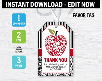 Apple Favor Tags, Retirement Tags, favor tags, party tags, retirement, damask, red, black, editable, instant download, printable