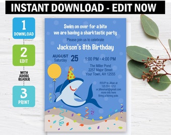 Shark Birthday Invitation, shark Invitation, Shark Party, fishing, Outdoor Party, Instant download, template, Printable, editable