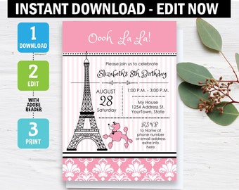 Paris Invitation, Eiffel tower Birthday Invitation, Paris theme Party, poodle, eiffel tower, Instant Download, Editable, Printable, template