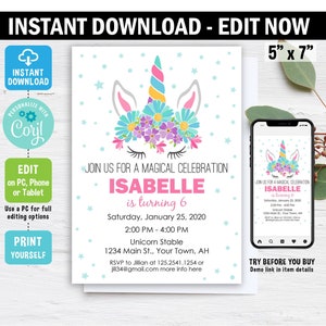 Unicorn Birthday Invitation, Edit in Corjl, Unicorn Party Invite, Magical Invitation, digital, template image 1