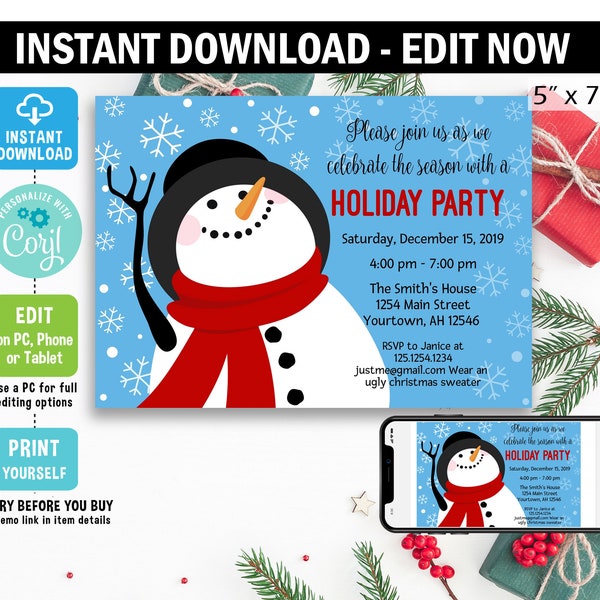 Snowman Holiday Party Invitation, digital, Corjl EDIT, Christmas, Snowman, Gift exchange, Instant Download, Editable, birthday, template