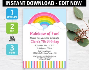 Rainbow Invitation, Rainbow Birthday Invitation, Rainbow, Building invitation, Instant Download, Editable, Printable, Digital, template