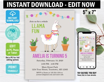 Llama Birthday Invitation, Edit in Corjl, fiesta party, Llama, instant download, template