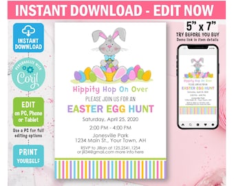 Easter Invitation, Easter Egg Hunt Invitation, Easter Bunny, Easter Party, Editable, Printable, digital, Instant Download. template