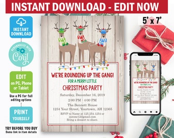 Reindeer Christmas Invitation, digital, Corjl EDIT, christmas birthday invitation, holiday party, deer, template