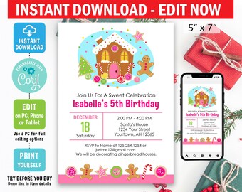 Holiday Birthday Invitation, digital, Corjl EDIT, christmas birthday invitation, gingerbread house, pink