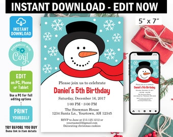 Snowman Christmas Invitation - EDIT NOW on Corjl - snowman birthday holiday invitation holiday party