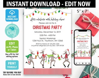 Christmas Holiday Party Invitation, Corjl Edit, digital EDIT, christmas invitation, holiday party, dancing reindeer, dance party