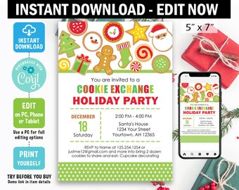 Cookie Exchange Holiday Invitation, digital, Corjl EDIT, christmas invitation, cookie swap holiday party, template