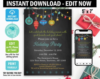 Holiday Party Invitation, digital, EDIT on Corjl, christmas invitation, ornaments, chalkboard, birthday party, template