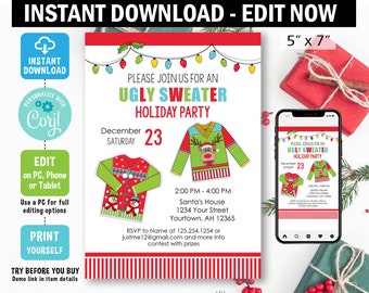 Christmas Holiday Invitation digital EDIT in Corjl christmas invitation holiday party Ugly Sweater Party