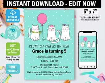 Cat Birthday Invitation, Edit in Corjl, Kitty Cat Party Invitation, Kitten Birthday Invitation, kitten, cat, Printable, template, digital