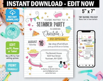 Sleepover Birthday Invitation, Slumber Party Invite, Edit in Corjl, Pajama Birthday Invitation, template, digital