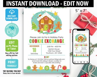 Cookie Exchange Holiday Invitation digital EDIT on Corjl christmas invitation cookie exchange party birthday party gingerbread house