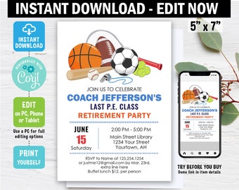 Retirement Invitation, Edit in Corjl, Coach retirement, PE retirement party, basketball, football coach, Instant Download, digital, template