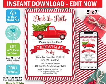 Red Truck Christmas Invitation,digital, Corjl EDIT, red truck invitation, holiday party, birthday, template