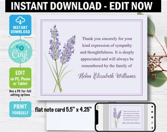 Lavender Funeral Thank You Card, Edit in Corjl,funeral note card, sympathy card, bereavement card, lavendar, cardinal, Printable, Digital