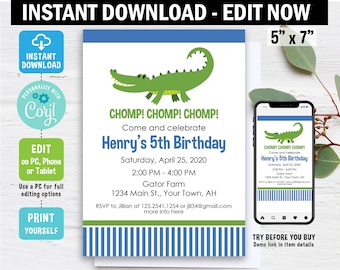 Alligator Birthday Invitation, Edit in Corjl, Alligator Invitation, Swamp Party Invitation, Boy invitation, template, instant download