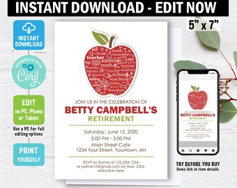 Teacher Retirement Invitation, Edit in Corjl, School retirement party, Teacher party, Instant down, red apple, retirement, digital, editable