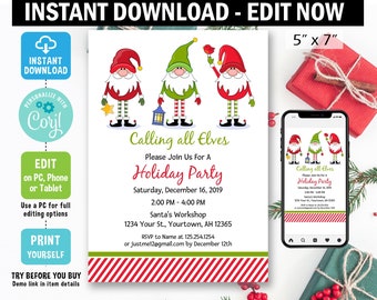 Elf Holiday Invitation, digital, Corjl EDIT, christmas invitation, elves, birthday party, template