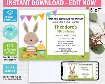 Easter Invitation, Edit in Corjl, Easter Bunny Birthday Invitation, easter birthday, egg hunt, easter party, printable, digital, template