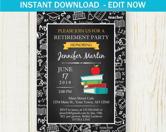 Retirement Invitation, Instant download EDIT NOW Invitation, blackboard teacher retirement