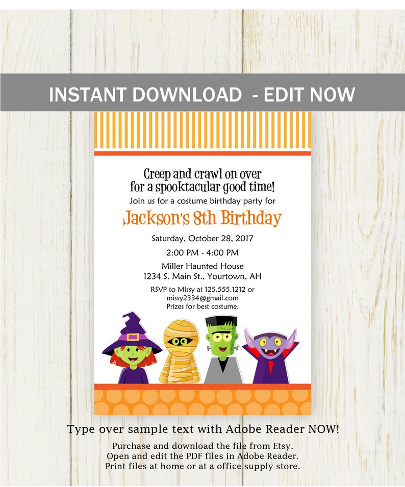 halloween birthday party invitation digital edit now halloween party birthday party costume open office birthday party invitation template