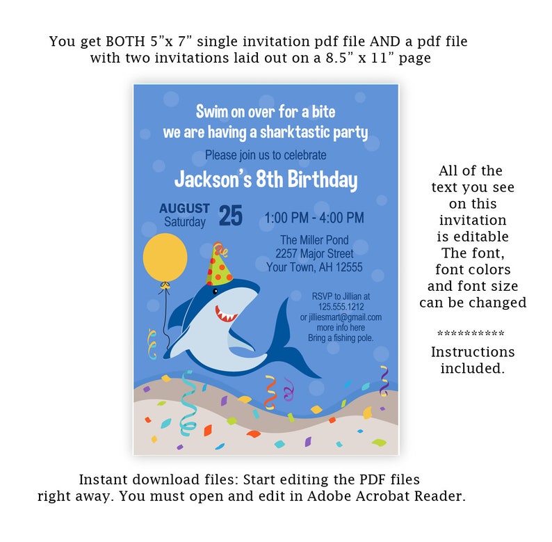 Shark Birthday Invitation, shark Invitation, Shark Party, fishing, Outdoor Party, Instant download, template, Printable, editable image 2