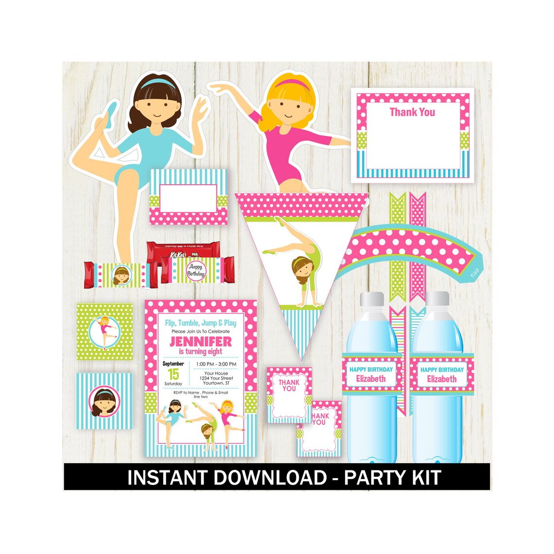 Gymnastic Party Package, Printable Decorations Set, Digital Party ...