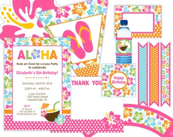 Luau Birthday Party supplies - editable invitation - 15 pcs digital files aloha Hawaiian party flip flops