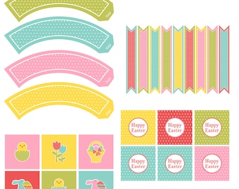 Easter Printables - cupcake toppers, cupcake wrappers and mini flags - Instant Download