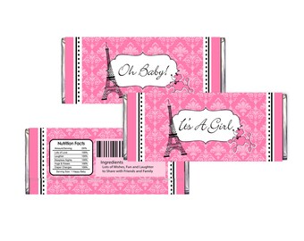 Paris Theme Baby Shower Pink Candy Bar Wrappers Printable -DIY Digital