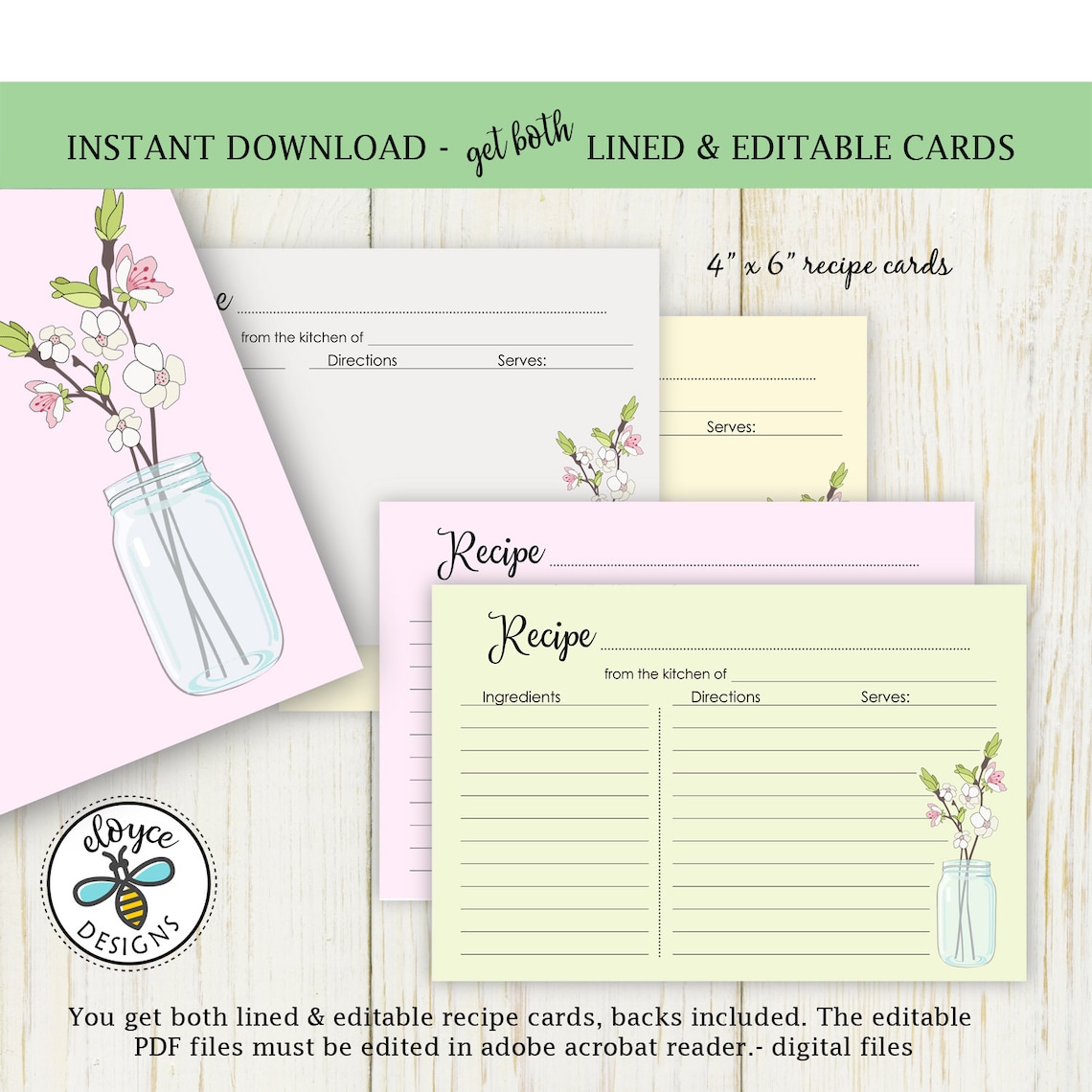 Mason Jar Recipe Cards 4x6 Both Lined and Editable Bridal - Etsy